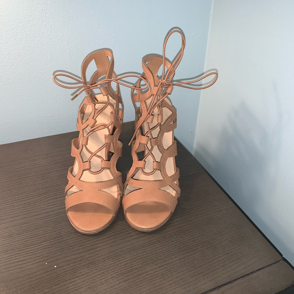 Beige/ tan lace up open toe heels